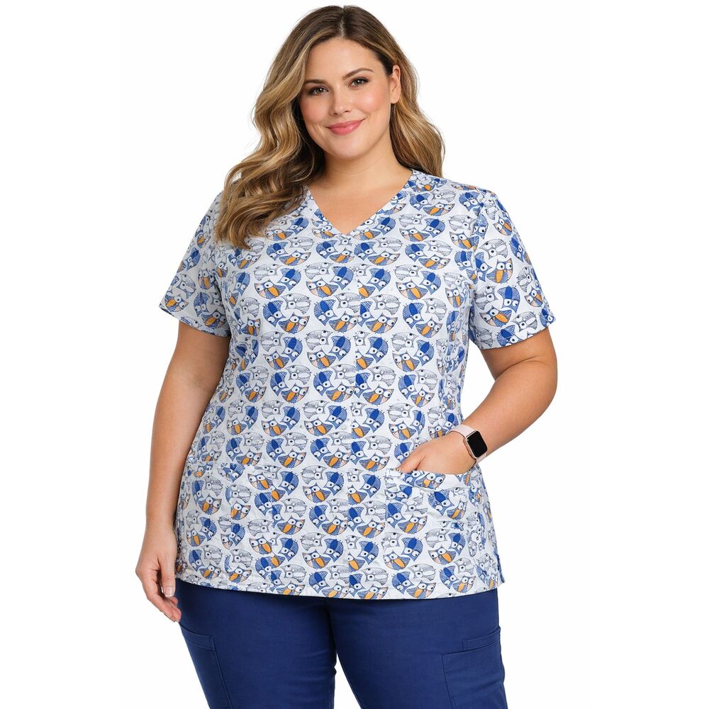 Cherokee Medical Nurse Scrub Top Women's 2XL Owl Print V-Neck NWT #F